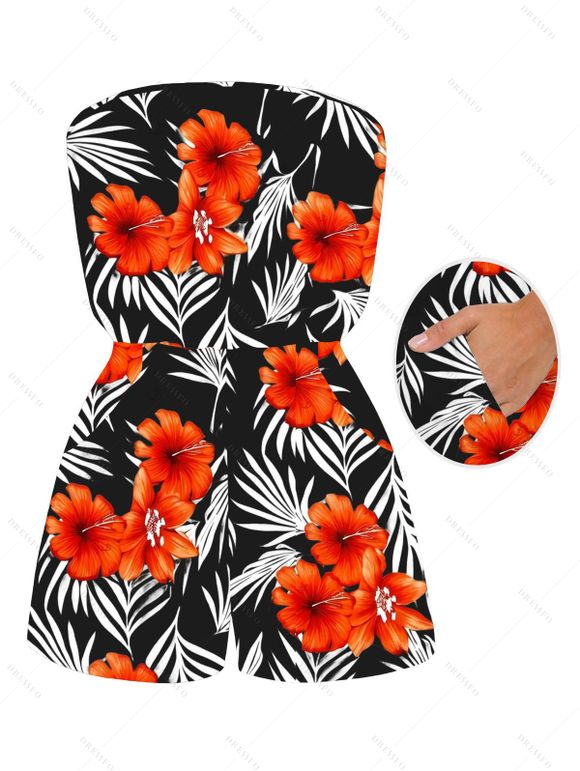 Hawaiian Vacation Couple Outfit Tropical Hibiscus Floral Palm Leaf Print Pocket Off the Shoulder Romper and Shirt Set - Noir S | US 4