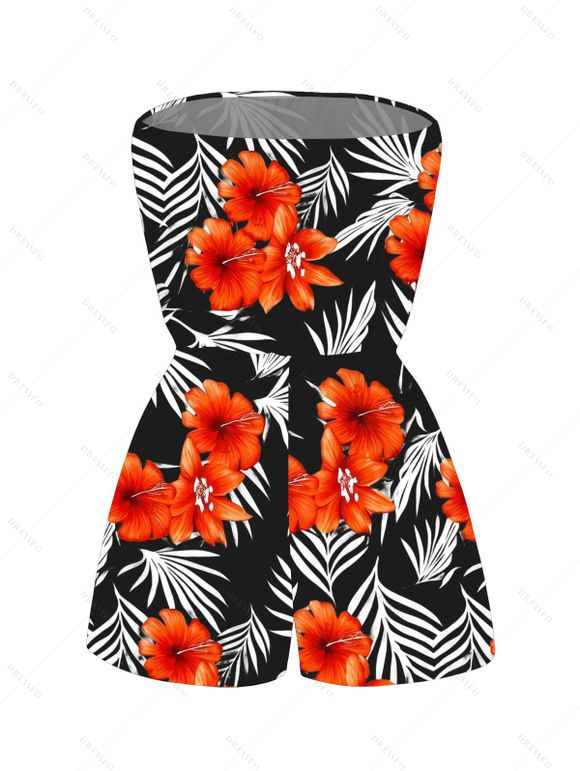 Hawaiian Vacation Couple Outfit Tropical Hibiscus Floral Palm Leaf Print Pocket Off the Shoulder Romper and Shirt Set - Noir S | US 4