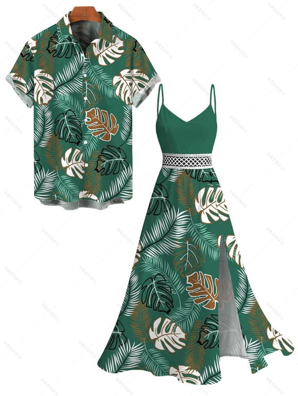 Hawaiian Vacation Couple Outfit Tropical Monstera Leaf Print Lace Hollow Out Spaghetti Strap Slit Dress and Shirt Set - PLANT GREEN S | US 4