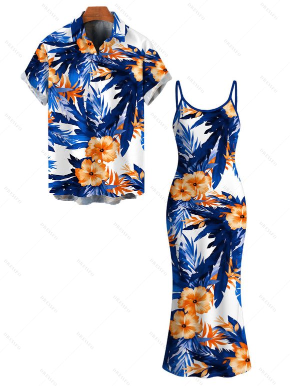 Hawaiian Vacation Couple Outfit Hibiscus Floral Tropical Leaf Print Spaghetti Strap Maxi Bodycon Dress and Shirt Set - Bleu Marine S | US 4