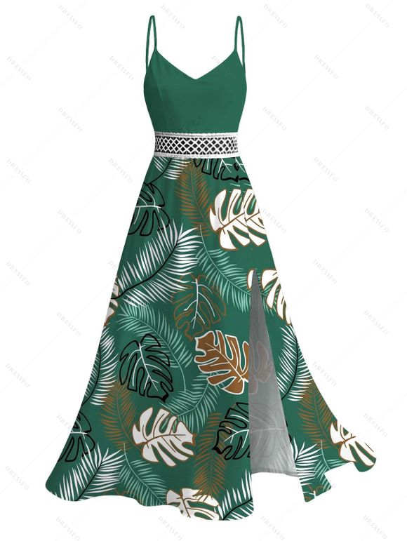 Hawaiian Vacation Couple Outfit Tropical Monstera Leaf Print Lace Hollow Out Spaghetti Strap Slit Dress and Shirt Set - PLANT GREEN S | US 4