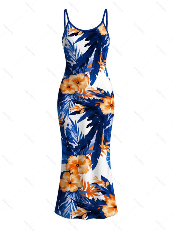Hawaiian Vacation Couple Outfit Hibiscus Floral Tropical Leaf Print Spaghetti Strap Maxi Bodycon Dress and Shirt Set - Bleu Marine S | US 4