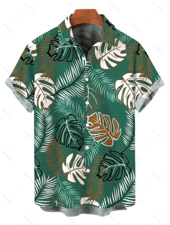 Hawaiian Vacation Couple Outfit Tropical Monstera Leaf Print Lace Hollow Out Spaghetti Strap Slit Dress and Shirt Set - PLANT GREEN S | US 4
