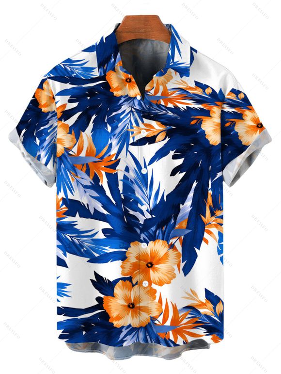 Hawaiian Vacation Couple Outfit Hibiscus Floral Tropical Leaf Print Spaghetti Strap Maxi Bodycon Dress and Shirt Set - Bleu Marine S | US 4