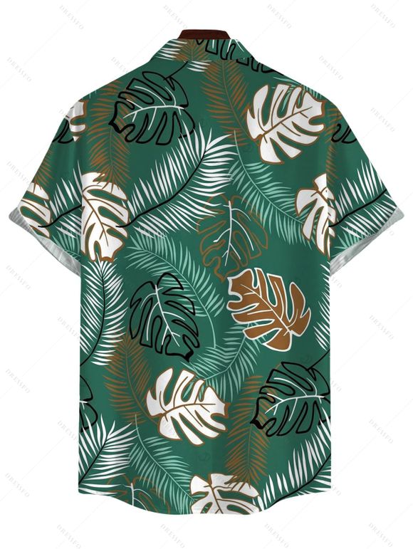 Hawaiian Vacation Couple Outfit Tropical Monstera Leaf Print Lace Hollow Out Spaghetti Strap Slit Dress and Shirt Set - PLANT GREEN S | US 4
