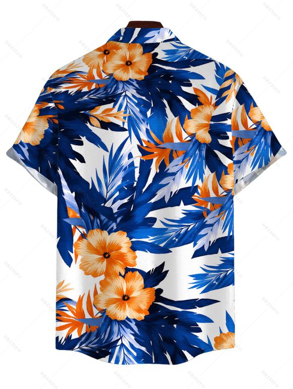 Hawaiian Vacation Couple Outfit Hibiscus Floral Tropical Leaf Print Spaghetti Strap Maxi Bodycon Dress and Shirt Set - Bleu Marine S | US 4