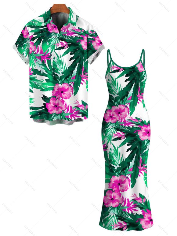 Hawaiian Vacation Couple Outfit Hibiscus Floral Tropical Leaf Print Spaghetti Strap Maxi Bodycon Dress and Shirt Set - Vert S | US 4