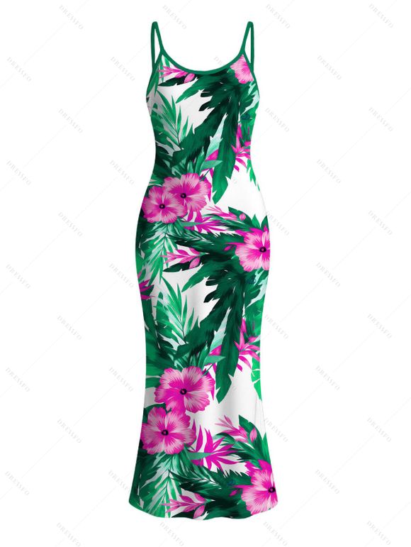 Hawaiian Vacation Couple Outfit Hibiscus Floral Tropical Leaf Print Spaghetti Strap Maxi Bodycon Dress and Shirt Set - Vert S | US 4