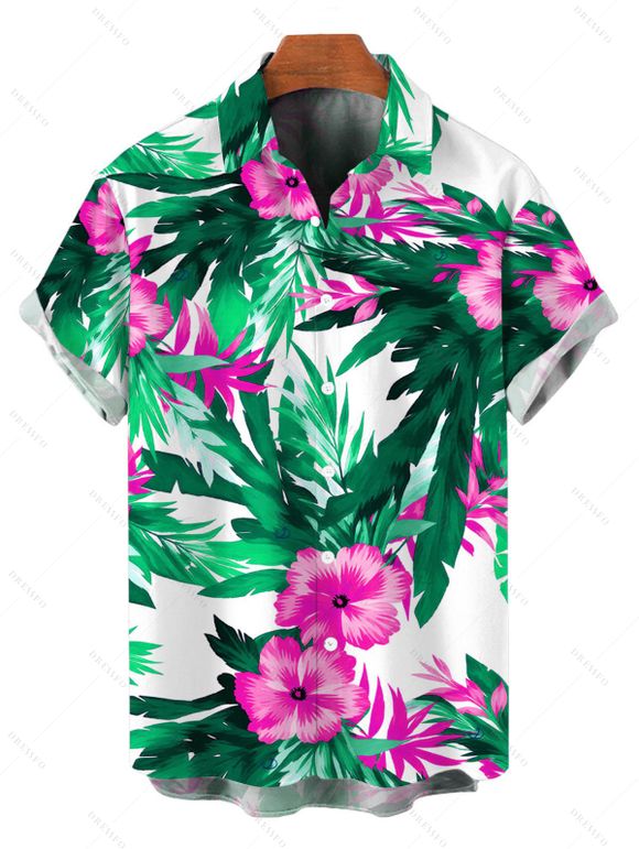 Hawaiian Vacation Couple Outfit Hibiscus Floral Tropical Leaf Print Spaghetti Strap Maxi Bodycon Dress and Shirt Set - Vert S | US 4