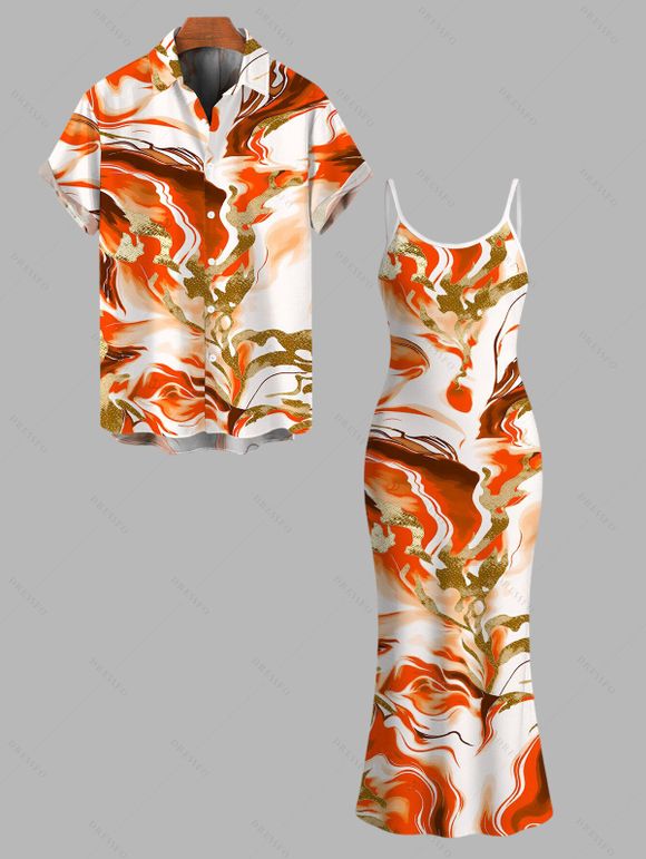 Vacation Couple Outfit Marble Fluid Swirl Tie Dye Print Bodycon Mermaid Maxi Dress and Shirt Set - Orange S | US 4