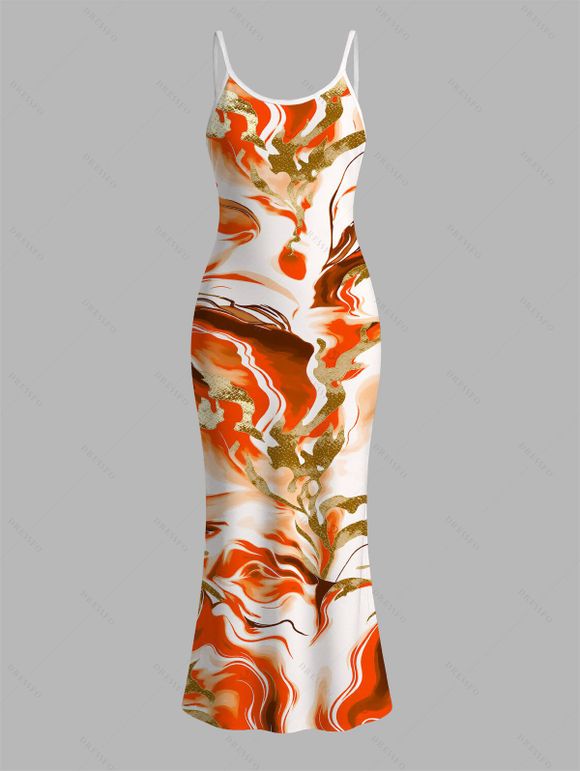 Vacation Couple Outfit Marble Fluid Swirl Tie Dye Print Bodycon Mermaid Maxi Dress and Shirt Set - Orange S | US 4