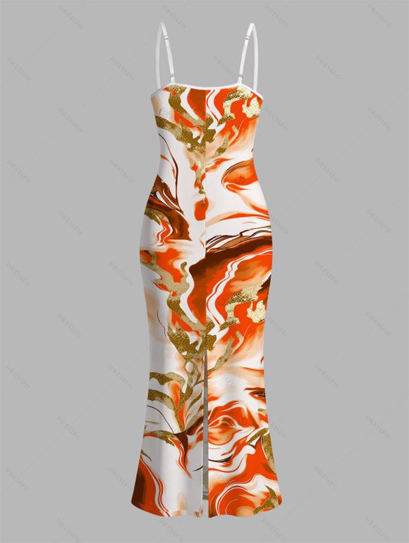 Vacation Couple Outfit Marble Fluid Swirl Tie Dye Print Bodycon Mermaid Maxi Dress and Shirt Set - Orange S | US 4