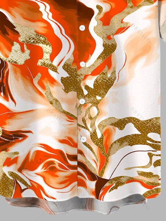 Men's Vacation Shirt Marble Fluid Swirl Tie Dye Print Button Up Shirt - Orange 5XL
