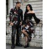 Gothic Couple Outfit Skull Rose Print Lace Up Off the Shoulder Handkerchief Dress and Shirt Set - Noir S | US 4