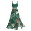 Hawaiian Vacation Dress Tropical Monstera Leaf Print Lace Hollow Out Spaghetti Strap Slit Dress - PLANT GREEN S | US 4
