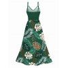 Hawaiian Vacation Dress Tropical Monstera Leaf Print Lace Hollow Out Spaghetti Strap Slit Dress - PLANT GREEN M | US 6