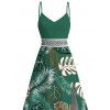 Hawaiian Vacation Dress Tropical Monstera Leaf Print Lace Hollow Out Spaghetti Strap Slit Dress - PLANT GREEN XXXL | US 16