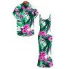Hawaiian Vacation Couple Outfit Hibiscus Floral Tropical Leaf Print Spaghetti Strap Maxi Bodycon Dress and Shirt Set - Vert S | US 4