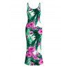 Hawaiian Vacation Couple Outfit Hibiscus Floral Tropical Leaf Print Spaghetti Strap Maxi Bodycon Dress and Shirt Set - Vert S | US 4