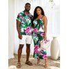 Hawaiian Vacation Couple Outfit Hibiscus Floral Tropical Leaf Print Spaghetti Strap Maxi Bodycon Dress and Shirt Set - Vert S | US 4