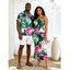 Hawaiian Vacation Couple Outfit Hibiscus Floral Tropical Leaf Print Spaghetti Strap Maxi Bodycon Dress and Shirt Set - Bleu Marine S | US 4