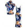 Hawaiian Vacation Couple Outfit Hibiscus Floral Tropical Leaf Print Spaghetti Strap Maxi Bodycon Dress and Shirt Set - Bleu Marine S | US 4