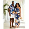 Hawaiian Vacation Couple Outfit Hibiscus Floral Tropical Leaf Print Spaghetti Strap Maxi Bodycon Dress and Shirt Set - Bleu Marine S | US 4