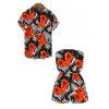 Hawaiian Vacation Couple Outfit Tropical Hibiscus Floral Palm Leaf Print Pocket Off the Shoulder Romper and Shirt Set - Noir S | US 4