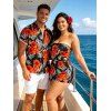Hawaiian Vacation Couple Outfit Tropical Hibiscus Floral Palm Leaf Print Pocket Off the Shoulder Romper and Shirt Set - Noir S | US 4