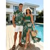 Hawaiian Vacation Couple Outfit Tropical Monstera Leaf Print Lace Hollow Out Spaghetti Strap Slit Dress and Shirt Set - PLANT GREEN S | US 4