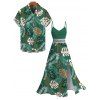Hawaiian Vacation Couple Outfit Tropical Monstera Leaf Print Lace Hollow Out Spaghetti Strap Slit Dress and Shirt Set - PLANT GREEN S | US 4