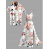 Vacation Couple Outfit Watercolor Flower Leaf Print Lace Hollow Out Spaghetti Strap Slit Dress and Shirt Set - Rose clair S | US 4