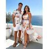 Vacation Couple Outfit Watercolor Flower Leaf Print Lace Hollow Out Spaghetti Strap Slit Dress and Shirt Set - Rose clair S | US 4