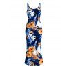 Hawaiian Vacation Dress Hibiscus Floral Tropical Leaf Print Spaghetti Strap Maxi Bodycon Dress - Bleu Marine M | US 6
