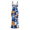 Hawaiian Vacation Dress Hibiscus Floral Tropical Leaf Print Spaghetti Strap Maxi Bodycon Dress - Bleu Marine M | US 6