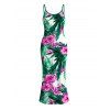 Hawaiian Vacation Dress Hibiscus Floral Tropical Leaf Print Spaghetti Strap Maxi Bodycon Dress - Vert XXL | US 14