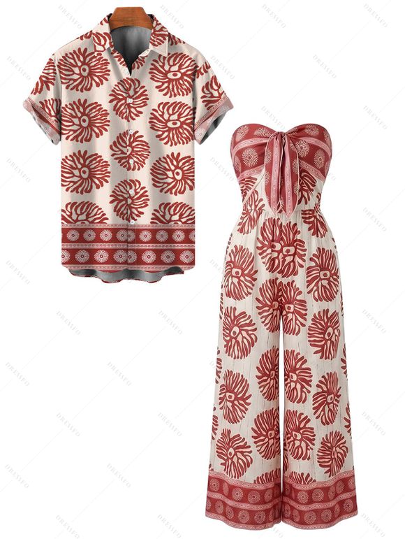 Bohemian Vacation Couple Outfit Ethnic Style Printed Tied Off the Shoulder Wide Leg Jumpsuit and Shirt Set - Rouge Cerise S | US 4