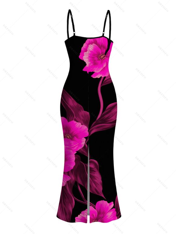 Vacation Dress Watercolor Hot Pink Floral Print Spaghetti Strap Maxi Bodycon Dress - Noir XXL | US 14