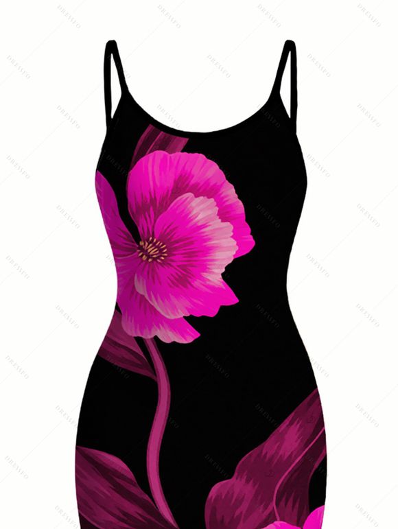 Vacation Dress Watercolor Hot Pink Floral Print Spaghetti Strap Maxi Bodycon Dress - Noir XXL | US 14