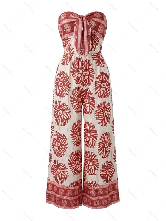 Bohemian Vacation Couple Outfit Ethnic Style Printed Tied Off the Shoulder Wide Leg Jumpsuit and Shirt Set - Rouge Cerise S | US 4
