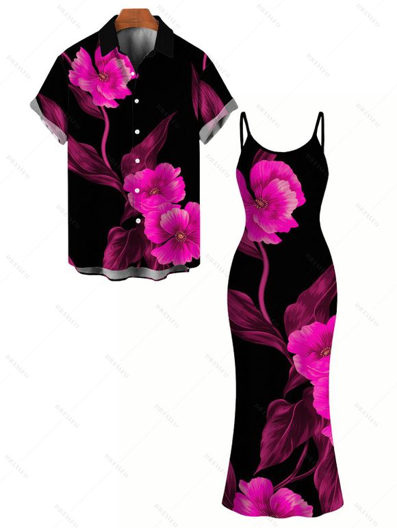 Vacation Couple Outfit Watercolor Hot Pink Floral Print Spaghetti Strap Maxi Bodycon Dress and Shirt Set - Noir S | US 4