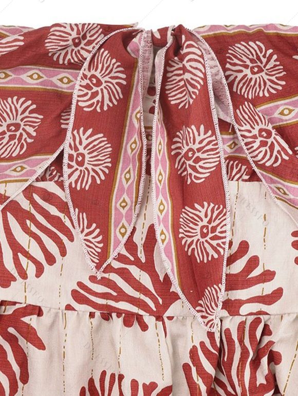 Bohemian Vacation Couple Outfit Ethnic Style Printed Tied Off the Shoulder Wide Leg Jumpsuit and Shirt Set - Rouge Cerise S | US 4