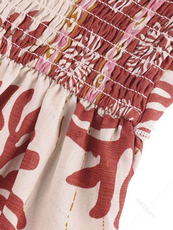 Bohemian Vacation Couple Outfit Ethnic Style Printed Tied Off the Shoulder Wide Leg Jumpsuit and Shirt Set - Rouge Cerise S | US 4