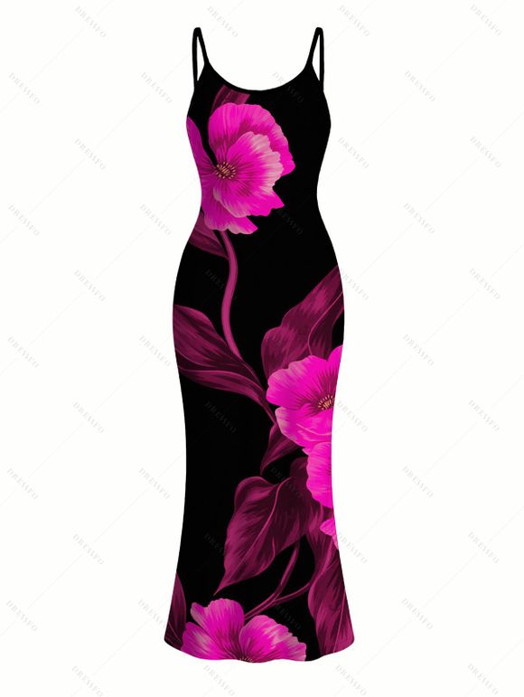 Vacation Couple Outfit Watercolor Hot Pink Floral Print Spaghetti Strap Maxi Bodycon Dress and Shirt Set - Noir S | US 4