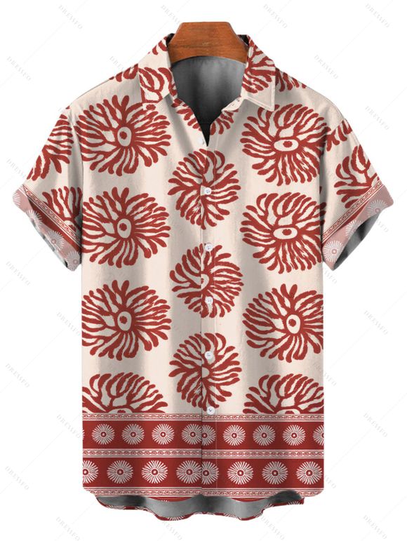 Bohemian Vacation Couple Outfit Ethnic Style Printed Tied Off the Shoulder Wide Leg Jumpsuit and Shirt Set - Rouge Cerise S | US 4