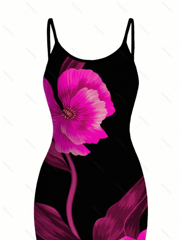 Vacation Couple Outfit Watercolor Hot Pink Floral Print Spaghetti Strap Maxi Bodycon Dress and Shirt Set - Noir S | US 4