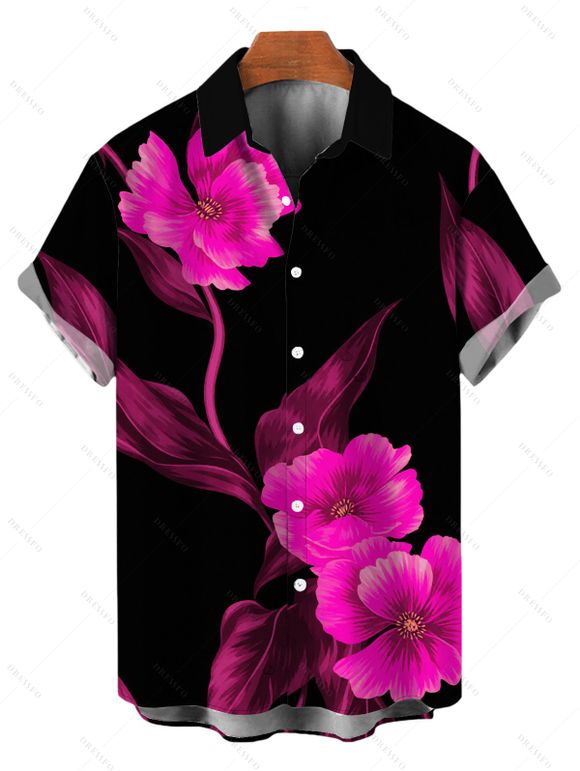 Vacation Couple Outfit Watercolor Hot Pink Floral Print Spaghetti Strap Maxi Bodycon Dress and Shirt Set - Noir S | US 4