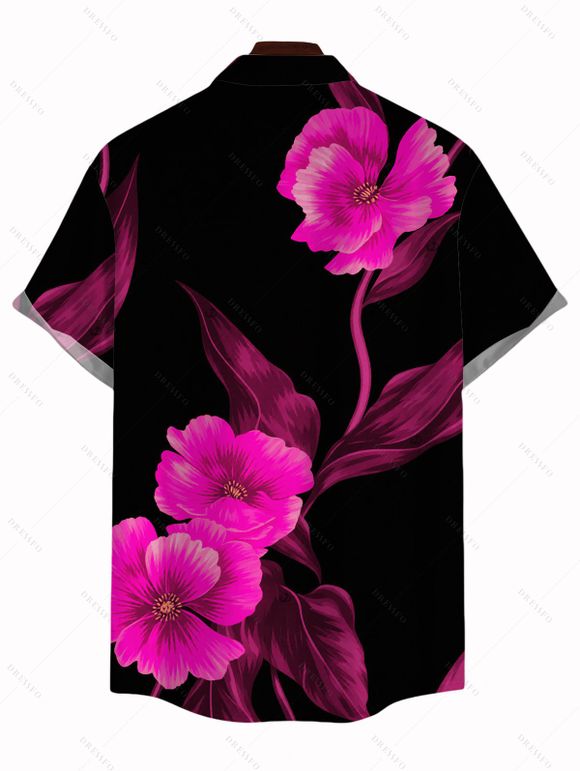 Vacation Couple Outfit Watercolor Hot Pink Floral Print Spaghetti Strap Maxi Bodycon Dress and Shirt Set - Noir S | US 4