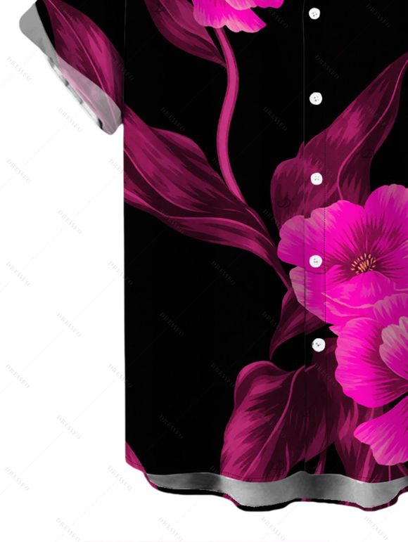 Vacation Couple Outfit Watercolor Hot Pink Floral Print Spaghetti Strap Maxi Bodycon Dress and Shirt Set - Noir S | US 4