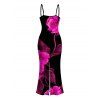 Vacation Dress Watercolor Hot Pink Floral Print Spaghetti Strap Maxi Bodycon Dress - Noir XXL | US 14